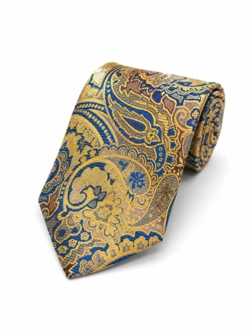 Mens Blue Gold Baroque Paisley Silk Tie Luxury Woven Jacquard Formal Necktie